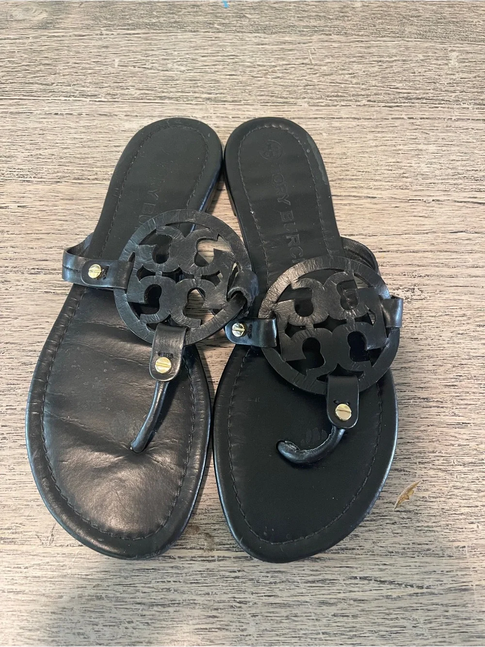 Tory Burch Matte Black Leather Miller Sandals size 9M Authentic